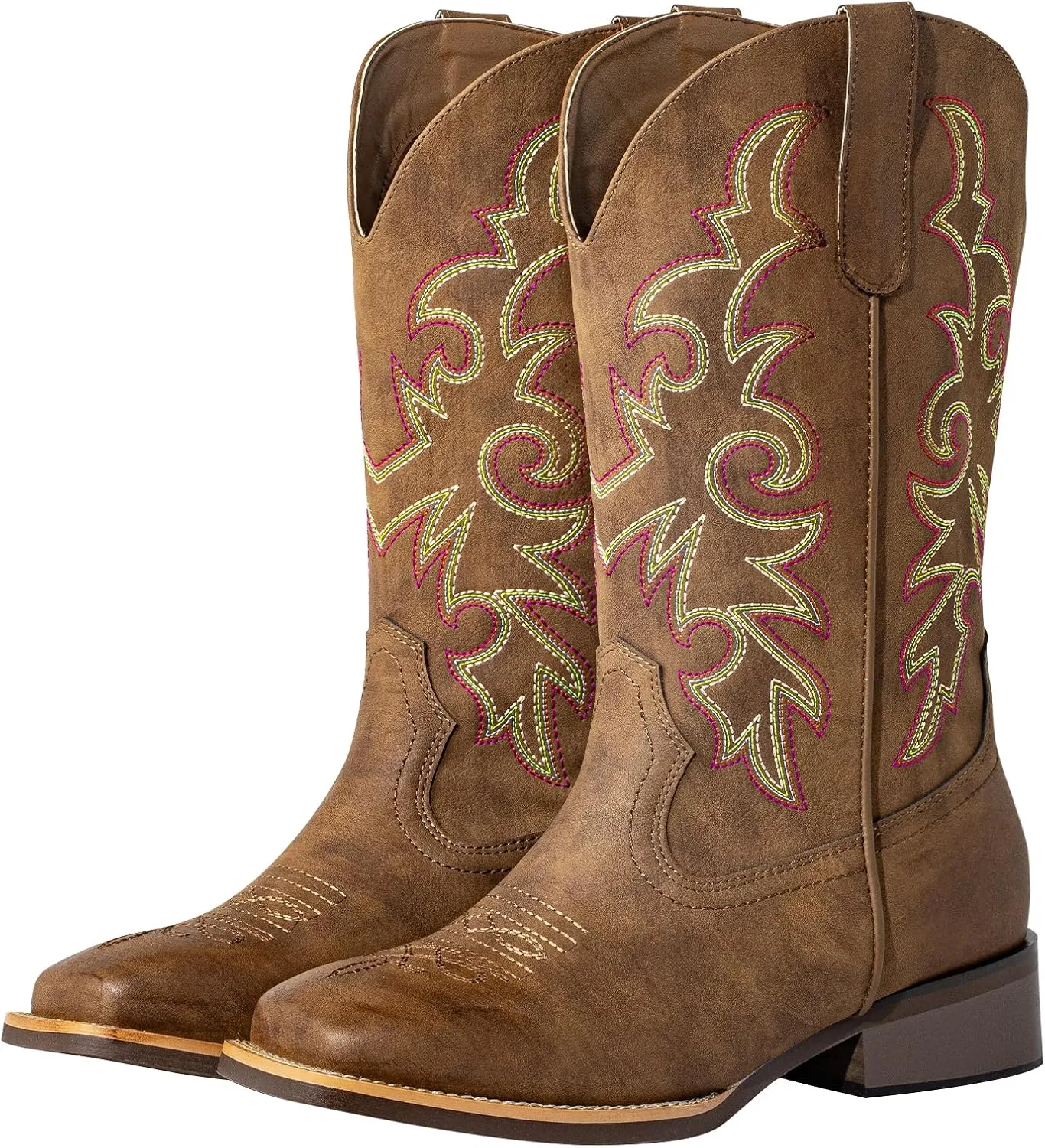 SheSole Women's Extra Wide Calf Cowboy Boots Square Toe ?C Pull-On Western Boots for Thick Calves, Stretch Comfort & Removable Insole, Classic Western Pattern