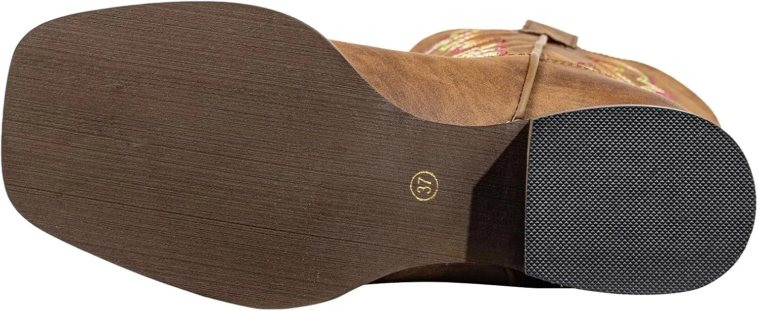 SheSole Women's Extra Wide Calf Cowboy Boots Square Toe ?C Pull-On Western Boots for Thick Calves, Stretch Comfort & Removable Insole, Classic Western Pattern