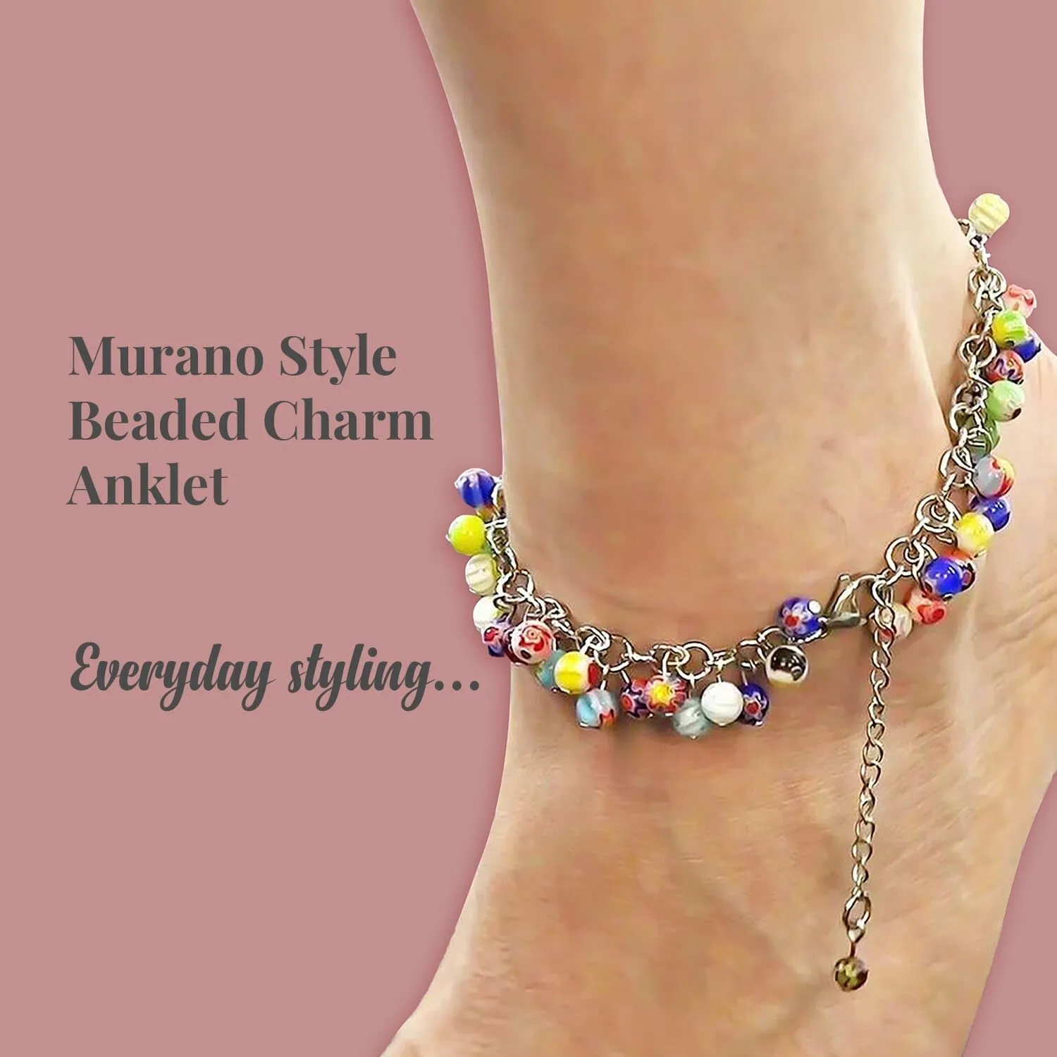 Shop LC Charm Ankle Bracelets for Women - Adjustable Murano Style Charm Bracelet - Beach Fashion Foot Jewelry Beaded Anklet in Stainless Steel Boho Christmas Mothers Day Gifts