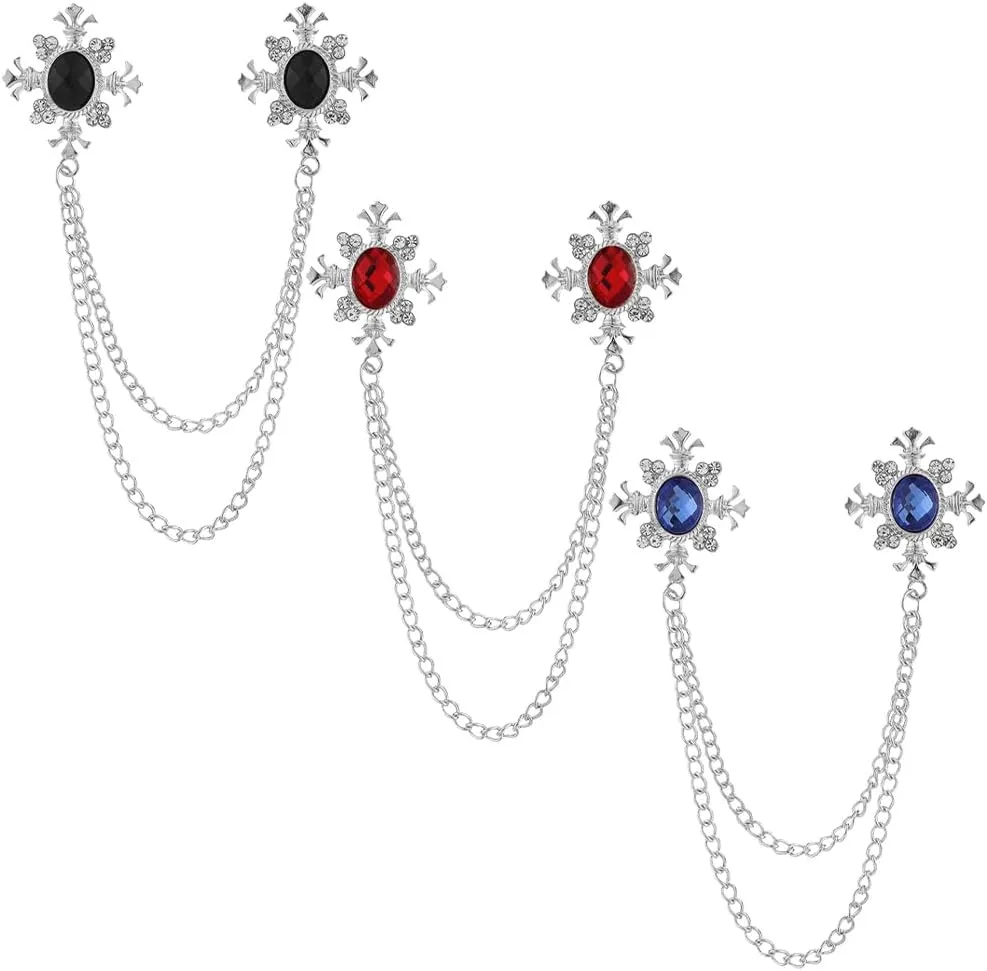 Shuxy 3PCS Men's Brooch Hanging Chain Brooch Black Blue Red Stone Cross Crystal Tassel Chain Brooch Metal Brooch Suit Stud Lapel Pin Vintage Rhinestone Breastpin Wedding Brooch Pin, Silver