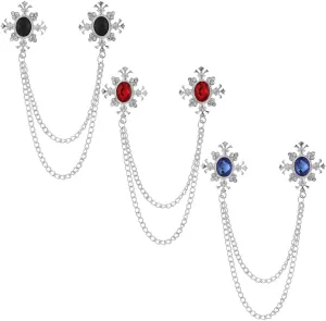 Shuxy 3PCS Men's Brooch Hanging Chain Brooch Black Blue Red Stone Cross Crystal Tassel Chain Brooch Metal Brooch Suit Stud Lapel Pin Vintage Rhinestone Breastpin Wedding Brooch Pin, Silver