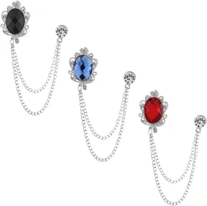 Shuxy 3PCS Men's Brooch Hanging Chain Brooch Black Blue Red Stone Detailing with Engraving Metal Crystal Brooch Suit Stud Lapel Pin Vintage Rhinestone Breastpin Wedding Brooch Pin, Silver