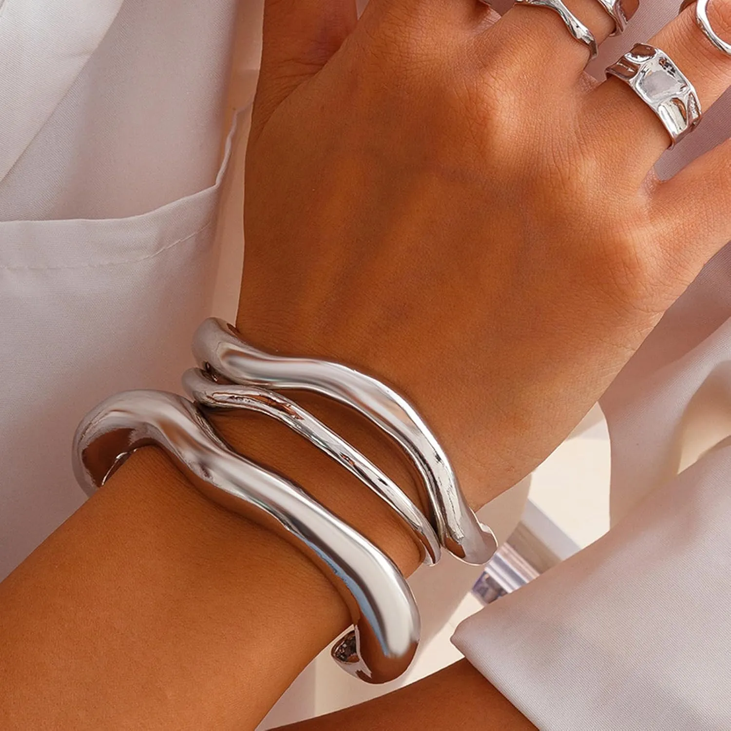 Silver Bangles for Women Chunky Gold Cuff Bracelet Non Tarnish Trendy Statement Jewelry Gifts