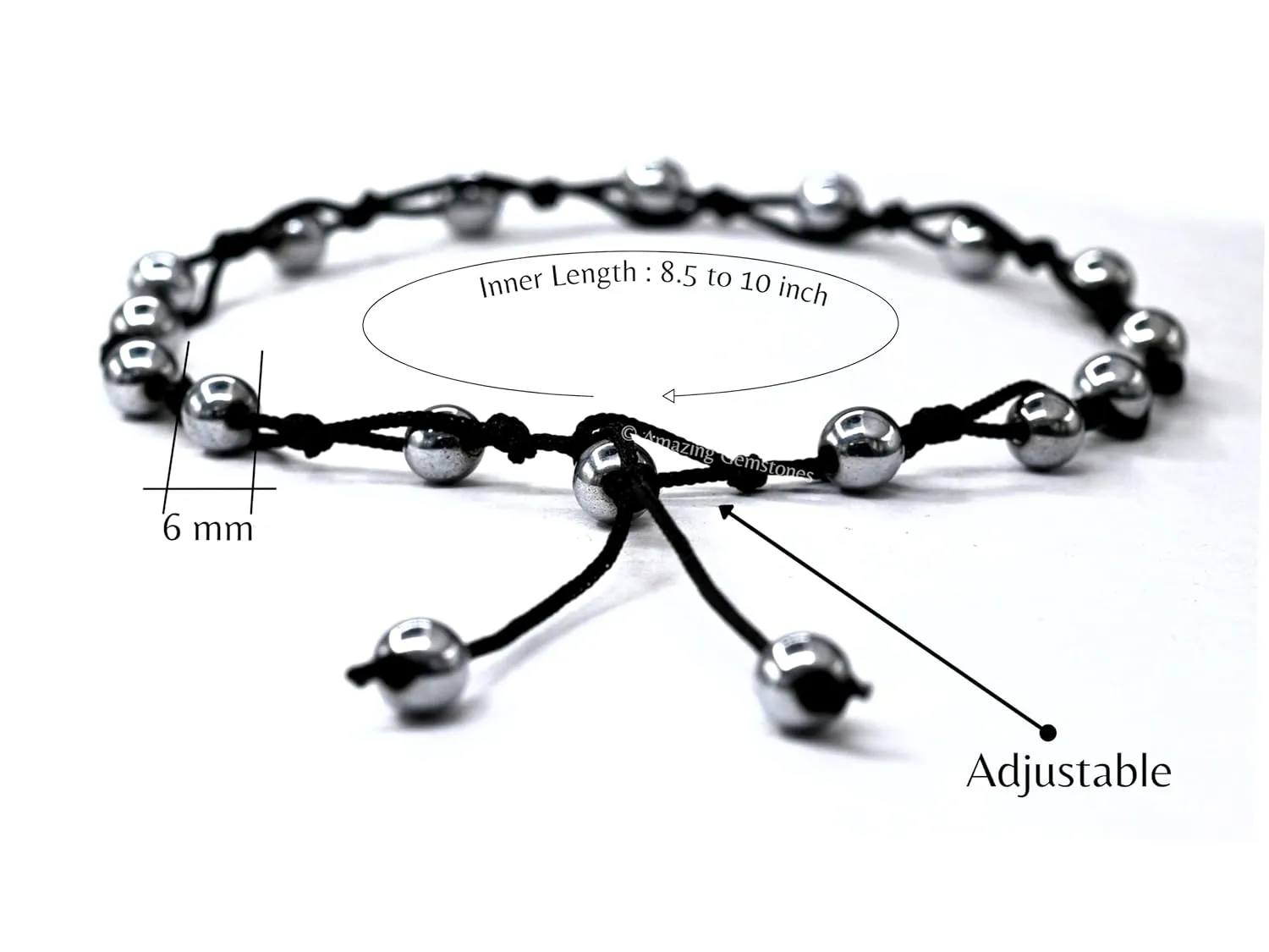 Silver Hematite Anklet Ankle Bracelets for Women - Waterproof Beaded Healing Crystal Anklets, Plus Size Chakra Gemstone Bead Anklet (Stretchy Adjustable - Hand Knotted)