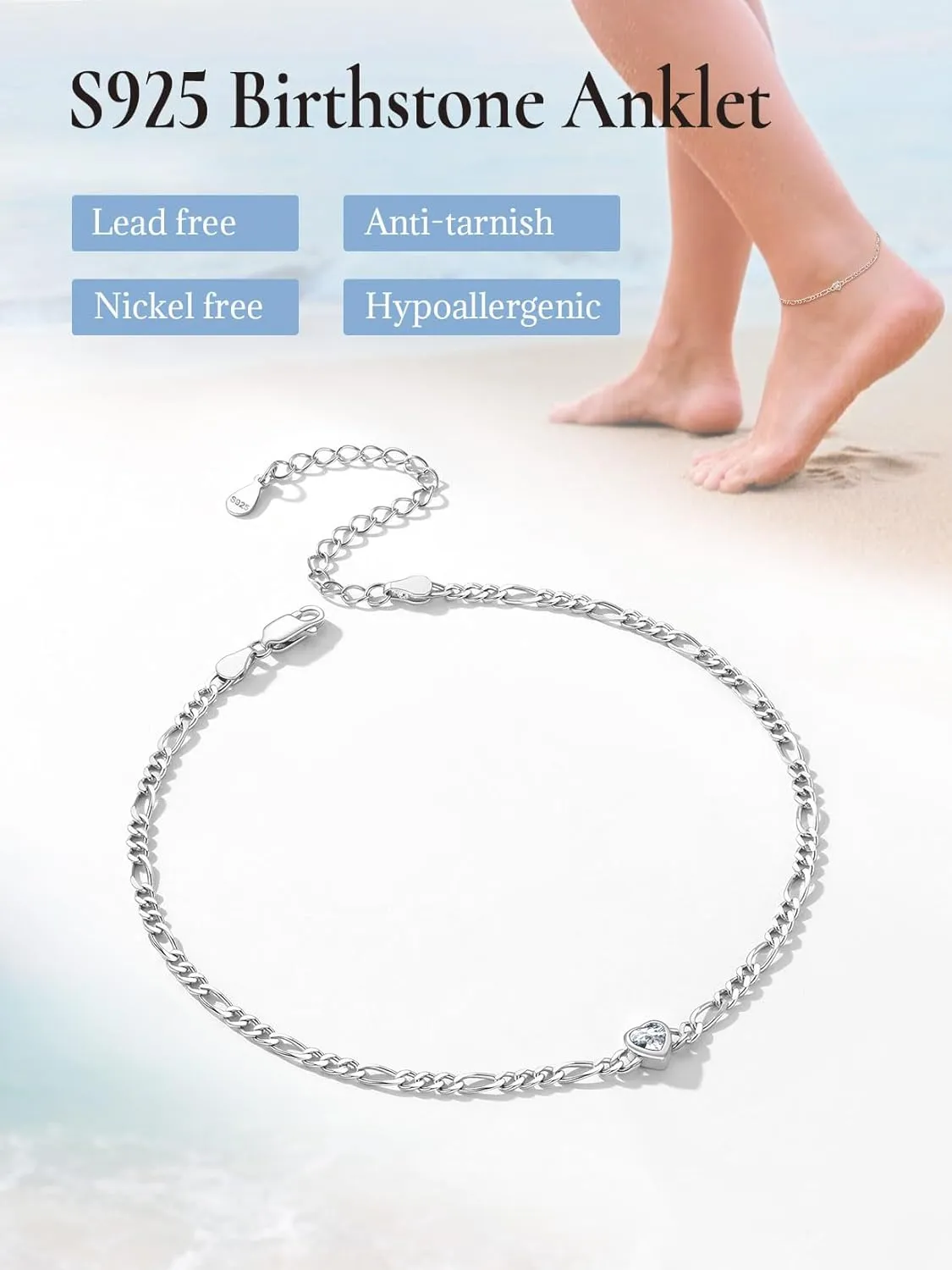 SILVERCUTE Figaro Anklets for Women, Sterling Silver Chain Ankle Bracelet with Heart/Round Birthstones, Length 8.5"-10.5"