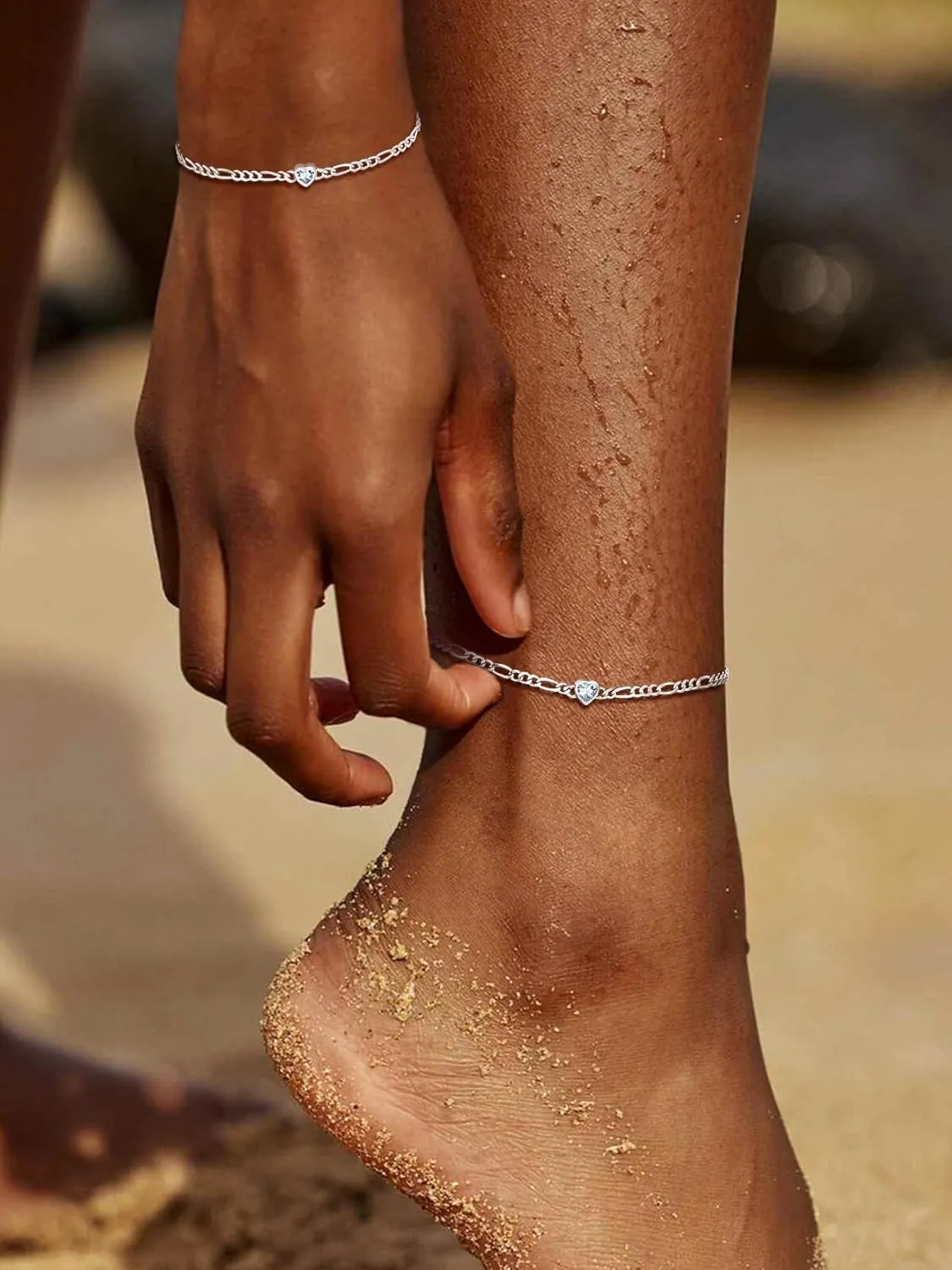 SILVERCUTE Figaro Anklets for Women, Sterling Silver Chain Ankle Bracelet with Heart/Round Birthstones, Length 8.5"-10.5"