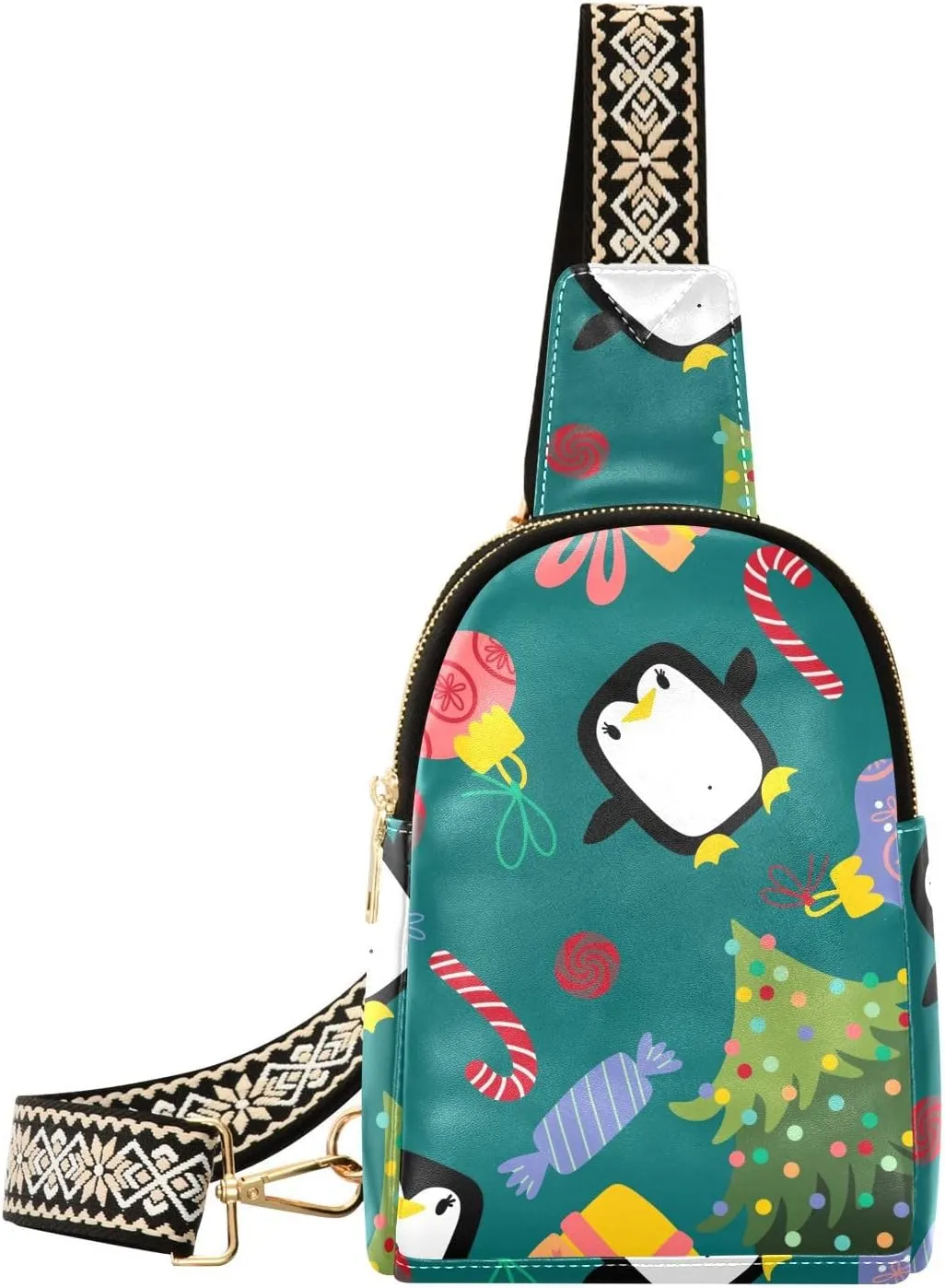 Small Sling Bag Fanny Packs Crossbody Bags for Women Christmas Cartoon Penguin Leather Fashion Chest Bag Belt Bag for Women for Travel Sports Running Hiking