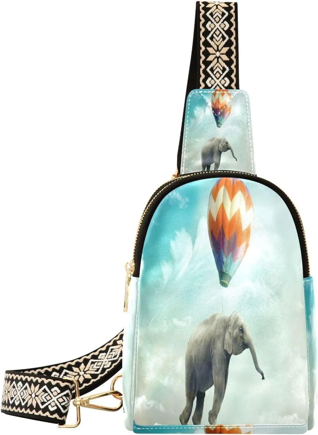 Small Sling Bag Fanny Packs Crossbody Bags for Women Elephant Flying with Air Balloon Leather Fashion Chest Bag Belt Bag for Women for Travel Sports Running Hiking