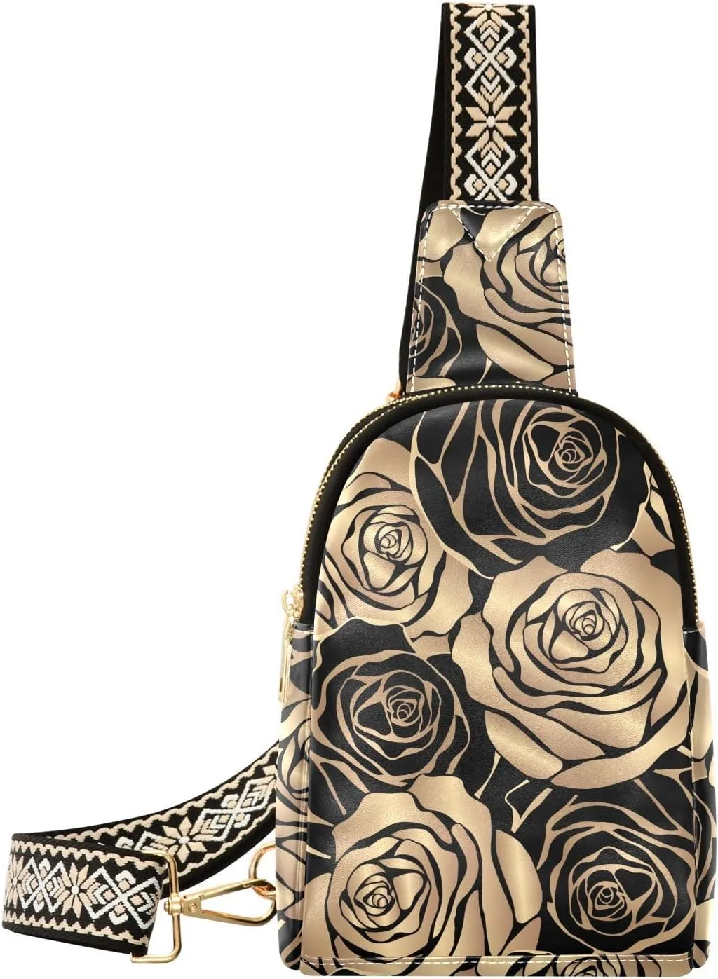 Small Sling Bag Fanny Packs Crossbody Bags for Women Gold Roses Leather Fashion Chest Bag Belt Bag for Women for Travel Sports Running Hiking