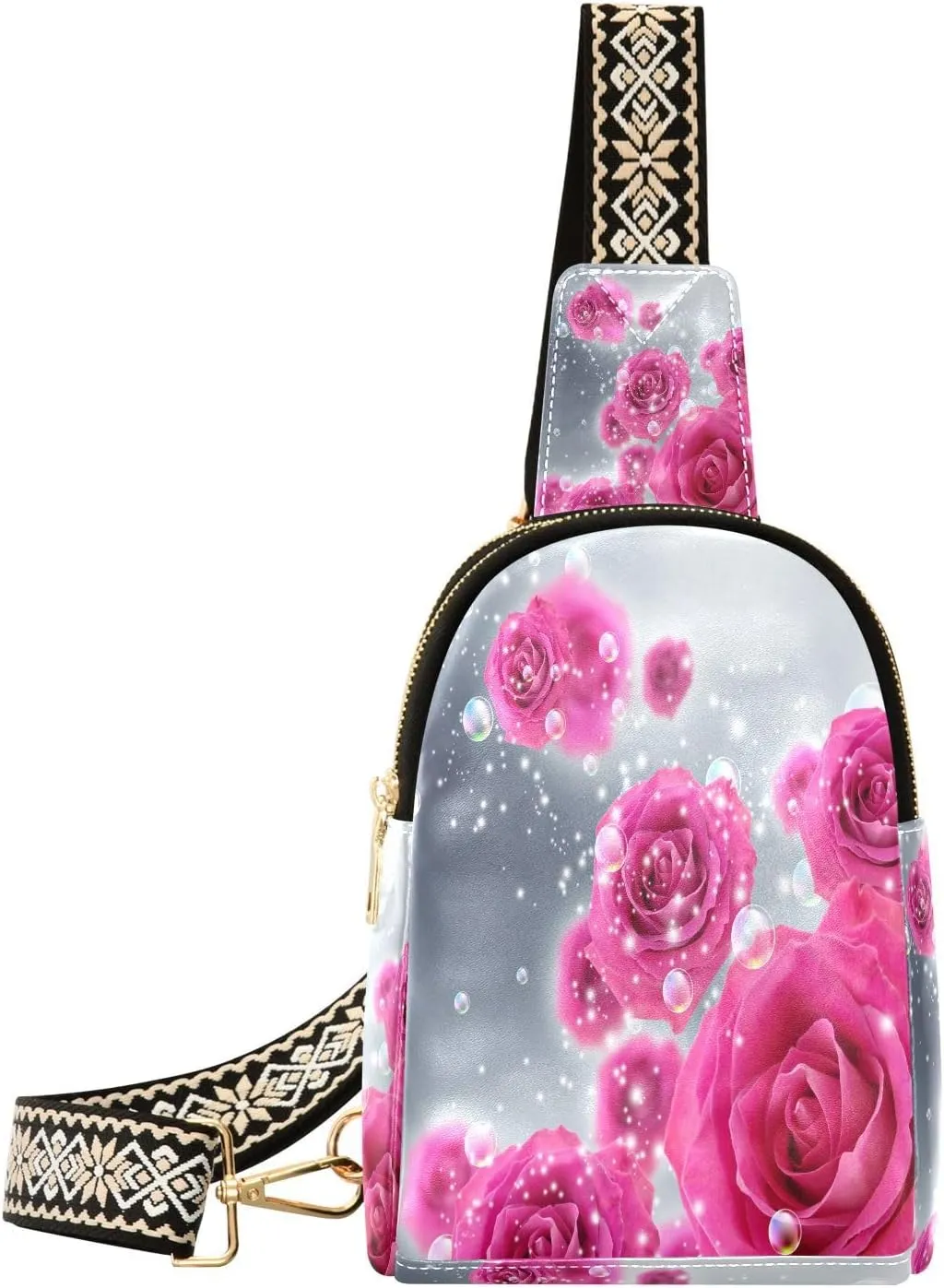 Small Sling Bag Fanny Packs Crossbody Bags for Women Roses Bubbles Leather Fashion Chest Bag Belt Bag for Women for Travel Sports Running Hiking