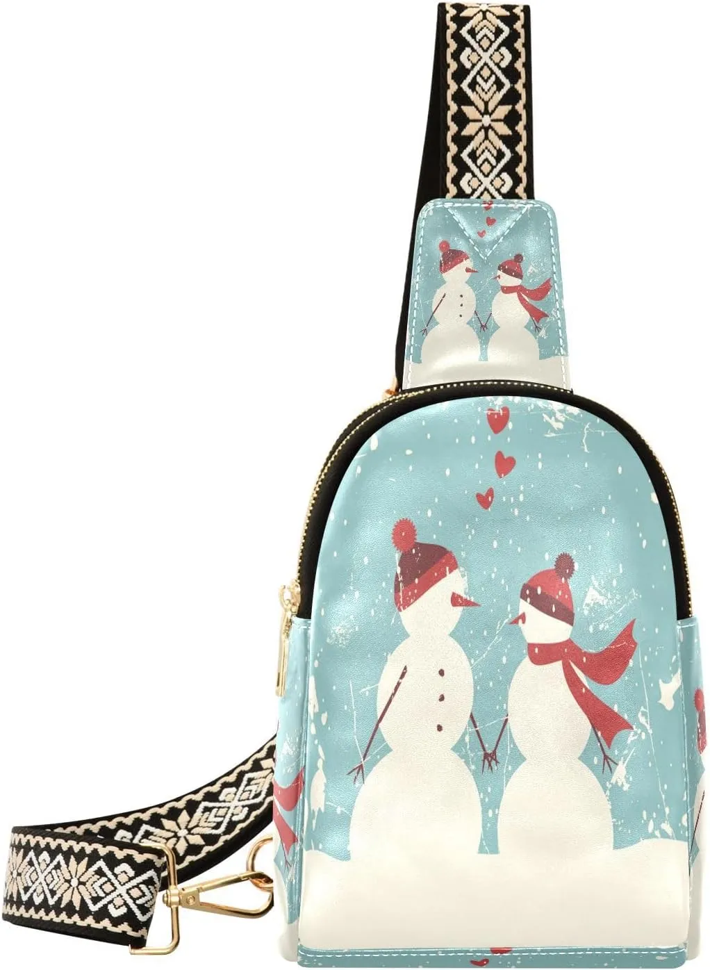 Small Sling Bag Fanny Packs Crossbody Bags for Women Two Cute Snowmen Leather Fashion Chest Bag Belt Bag for Women for Travel Sports Running Hiking