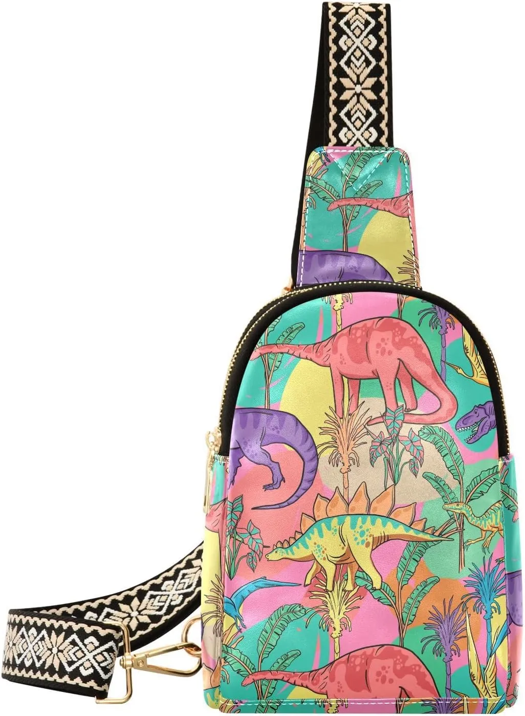 Small Sling Bag for Women Bright Dino Pattern PC Leather Fanny Pack Crossbody Dinosaur Jungle Trees Fashion Waist Packs Chest Bag for Travel Sports Running Hiking