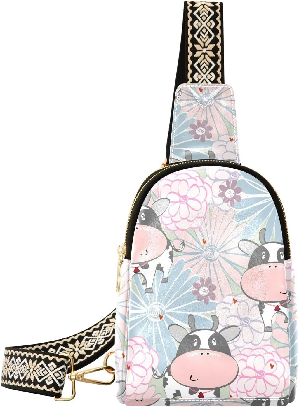 Small Sling Bag for Women Cartoon Cow PC Leather Fanny Pack Crossbody Daisy Flower Fashion Waist Packs Chest Bag for Travel Sports Running Hiking