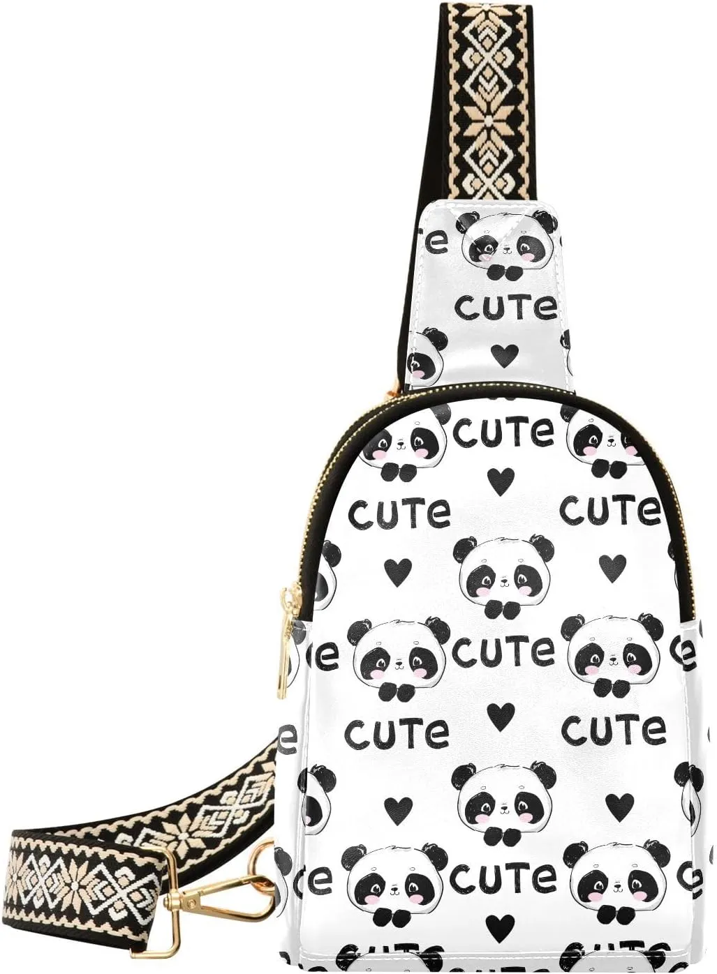 Small Sling Bag for Women Cute Panda Heart PC Leather Fanny Pack Crossbody Fashion Waist Packs Chest Bag for Travel Sports Running Hiking