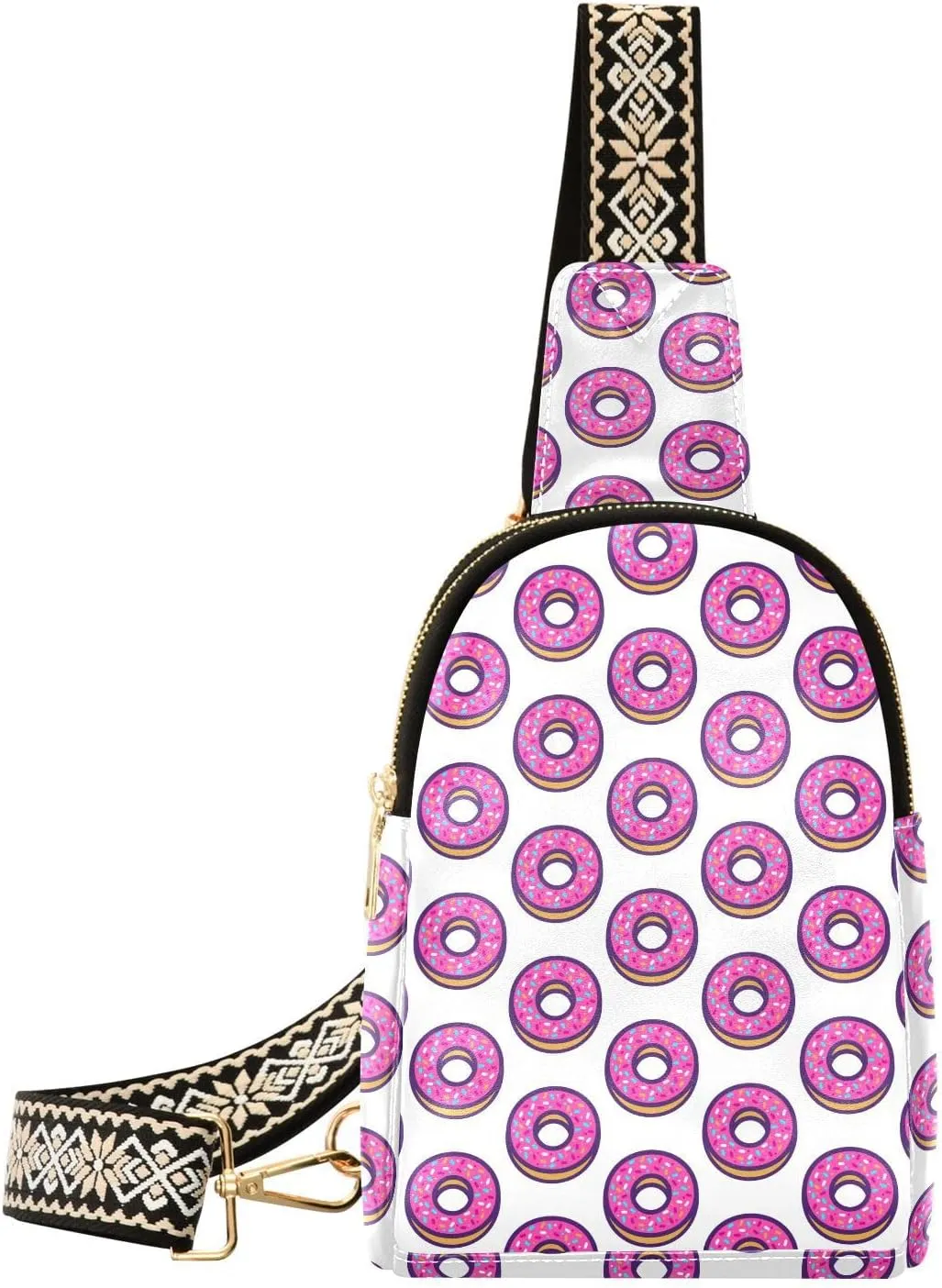 Small Sling Bag for Women Cute Pink Donuts PC Leather Fanny Pack Crossbody Fashion Waist Packs Chest Bag for Travel Sports Running Hiking