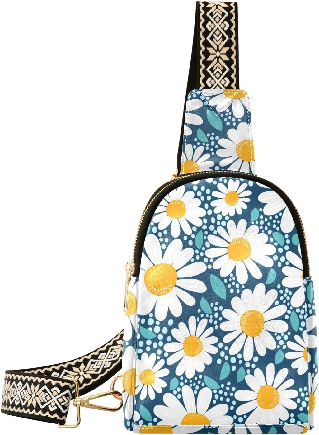 Small Sling Bag for Women Daisy Flower Floral PC Leather Fanny Pack Crossbody Seamless Pattern Fashion Waist Packs Chest Bag for Travel Sports Running Hiking