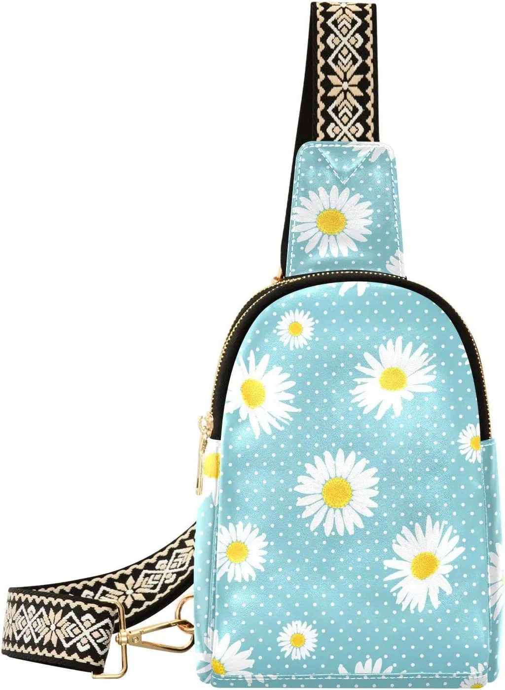 Small Sling Bag for Women Daisy Flower PC Leather Fanny Pack Crossbody White Dots Fashion Waist Packs Chest Bag for Travel Sports Running Hiking
