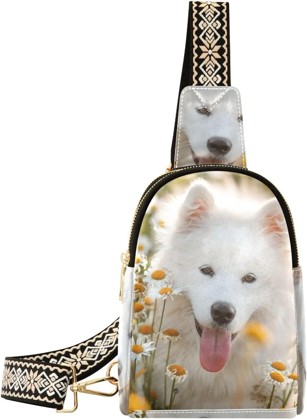Small Sling Bag for Women Dog Daisy Flower PC Leather Fanny Pack Crossbody Summer White Floral Fashion Waist Packs Chest Bag for Travel Sports Running Hiking