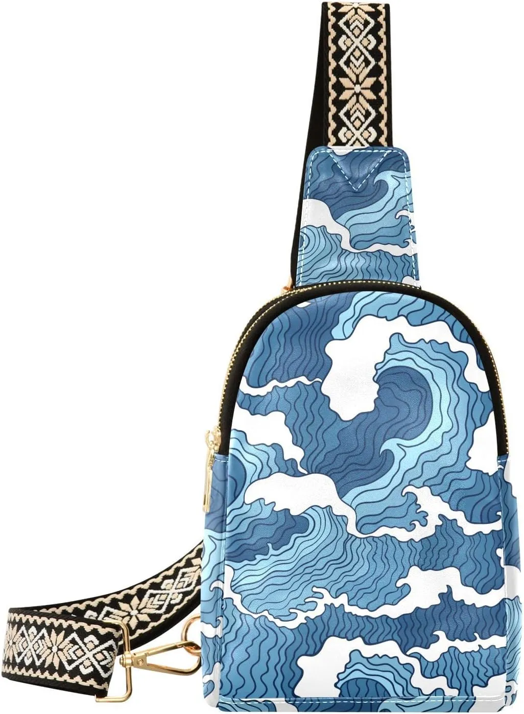 Small Sling Bag for Women Japanese Abstract Waves PC Leather Fanny Pack Crossbody Blue and White Fashion Waist Packs Chest Bag for Travel Sports Running Hiking