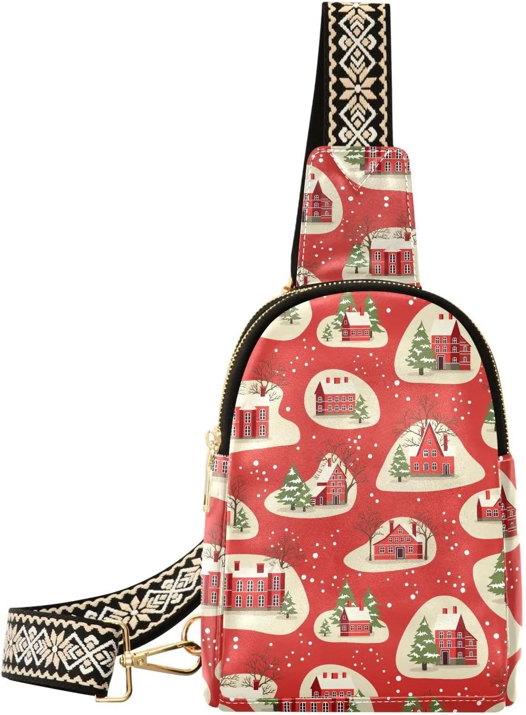 Small Sling Bag for Women Marry Christmas House PC Leather Fanny Pack Crossbody Happy New Year Pattern Fashion Waist Packs Chest Bag for Travel Sports Running Hiking