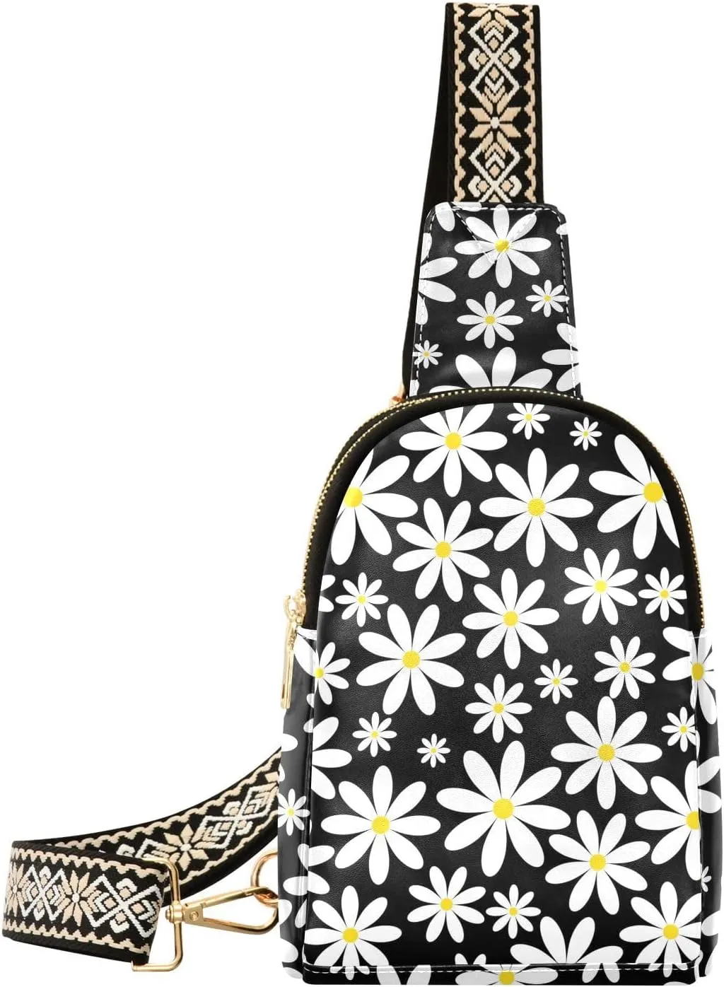 Small Sling Bag for Women Retro Daisy Pattern PC Leather Fanny Pack Crossbody Fashion Waist Packs Chest Bag for Travel Sports Running Hiking