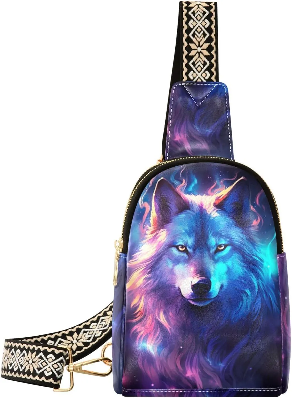 Small Sling Bag for Women,Flame Wolf PU Leather Crossbody Bags Chest Bag,Fashion Waist Packs with Adjustable Strap Hiking Traveling,A111179