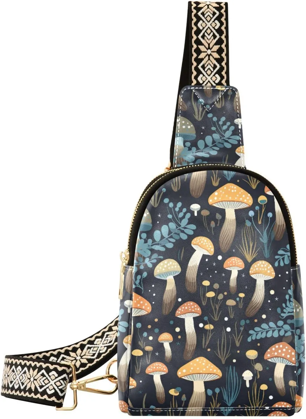 Small Sling Bag for Women,Mushroom PU Leather Crossbody Bags Chest Bag,Fashion Waist Packs with Adjustable Strap Hiking Traveling,A111502
