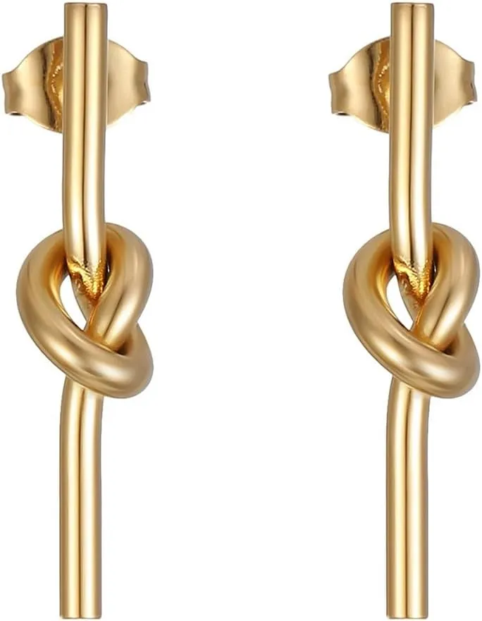 Stainless Steel Knot Stud Earrings for Women Simple Long Vertical Bar Stud Earrings Minimalist Irregular Knot Strip Earrings Jewelry