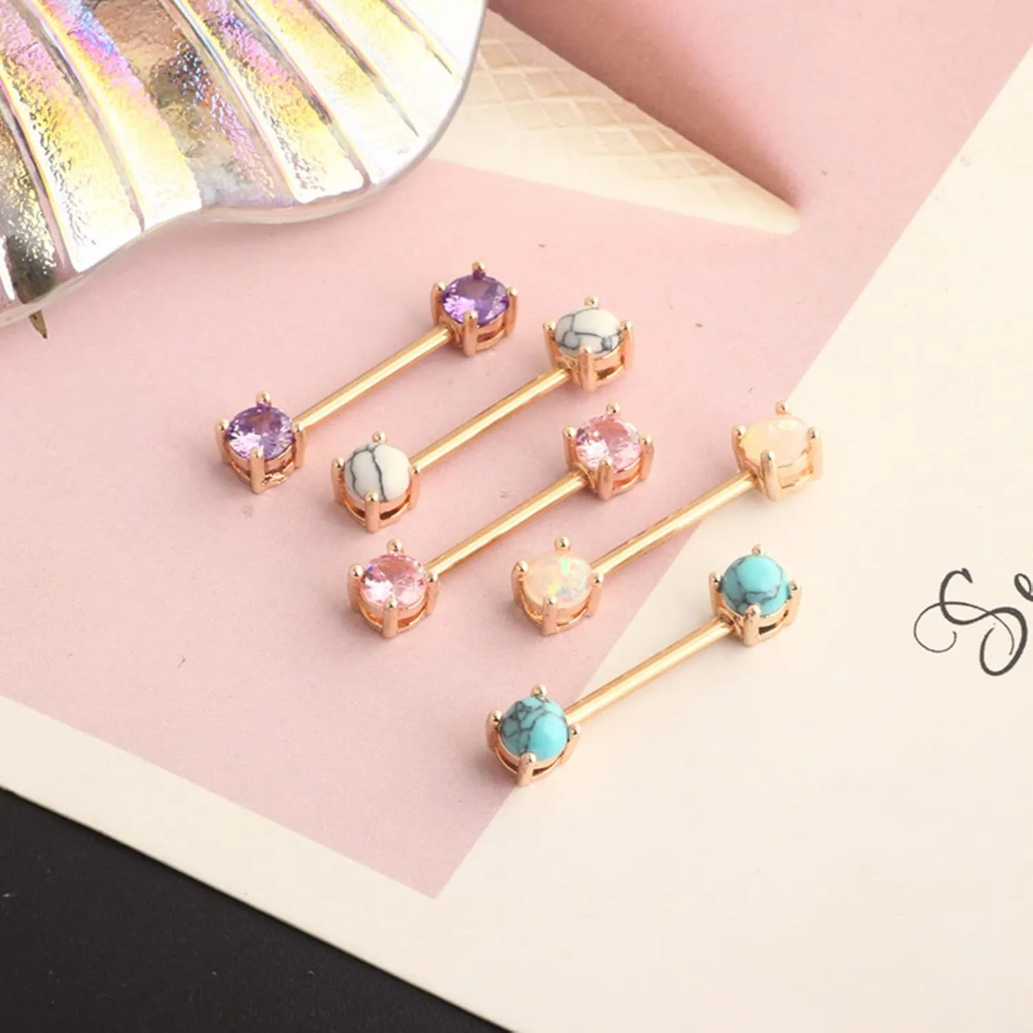 Stainless Steel Nipple Tongue Rings Turquoise CZ Barbell Ball Piercing Jewelry Body Retainer 14G(1.6mm) 16mm 2 Pcs