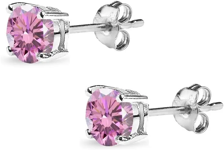 Sterling Silver Birthstone Crystal Solitaire Stud Earrings for Women and Men