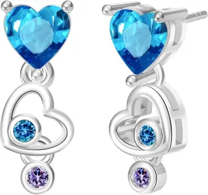 Sterling Silver Birthstone Earrings Personalized Dangle Earrings Love Heart Stud Earrings for Mom Mothers Day Christmas Valentines Jewelry