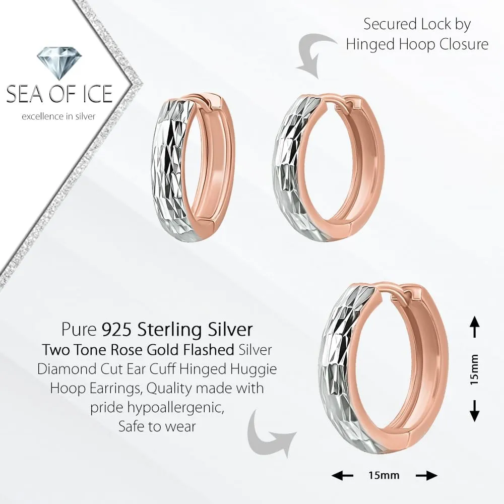 Sterling Silver Diamond Cut Ear Cuff Hinged Huggie Hoop Earrings, 14mm Diameter