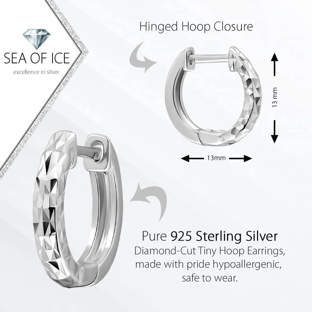 Sterling Silver Diamond-Cut Ear Cuff Hinged Huggie Small Hoop Earrings, 13mm Diameter