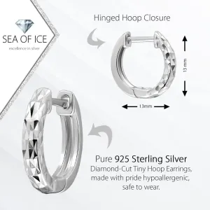 Sterling Silver Diamond-Cut Ear Cuff Hinged Huggie Small Hoop Earrings, 13mm Diameter