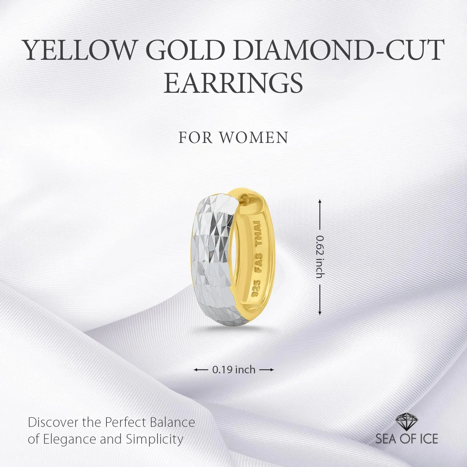 Sterling Silver Diamond-Cut Ear Cuff Hinged Huggie Small Hoop Earrings for Women, 15mm Diameter