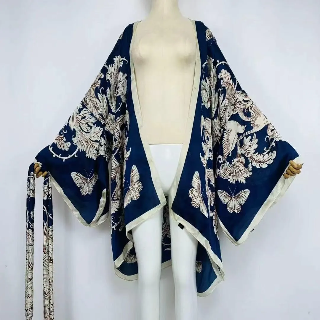 Summer Women Silk Feeling Beach Cover up Cardigan Fashion Sexy Boho African Holiday Party Long Sleeve Robe Kimono Kaftan