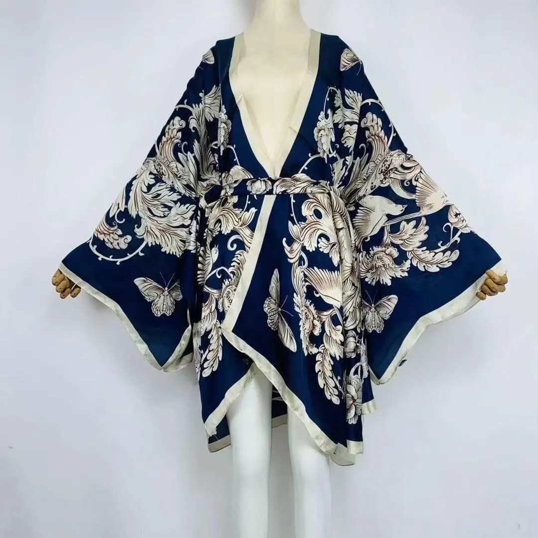 Summer Women Silk Feeling Beach Cover up Cardigan Fashion Sexy Boho African Holiday Party Long Sleeve Robe Kimono Kaftan