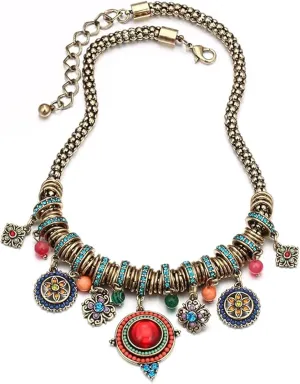 SUNLAND Bohemian Multicolor Round Pendants Enamel Rhinestone Ethnic Necklace for Women