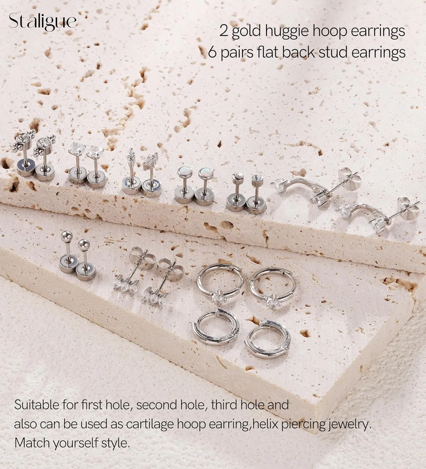 Surgical Steel Flat Back Earrings for Women Trendy,20G Flat Back Stud Earrings and Small Gold Hoop Huggies Earrings Sets for Multiple Piercing Hypoallergenic Gold Cartilage Earrings Stack Jewelry