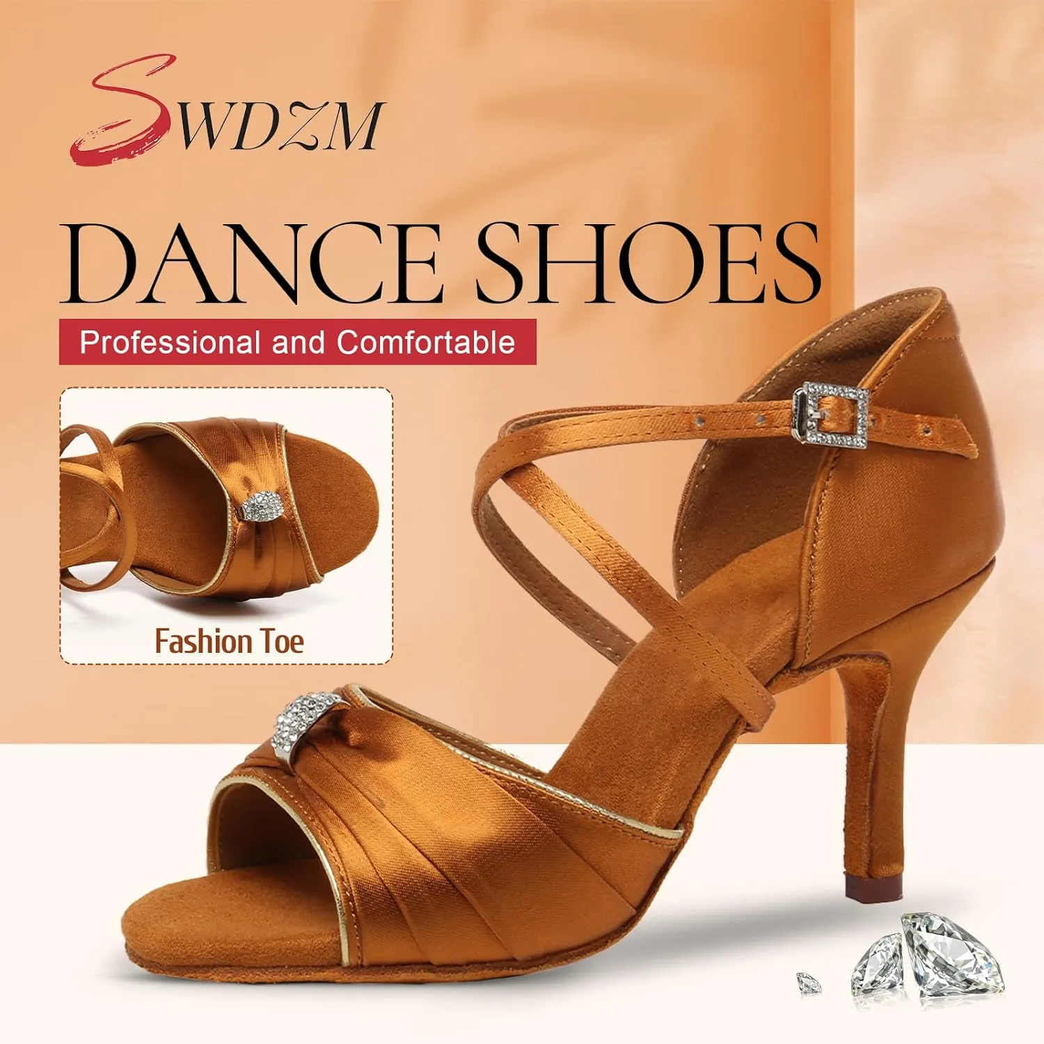 SWDZM Womens Latin Dance Shoes Satin Professional Ballroom Salsa Party Dancing Shoes with Strass