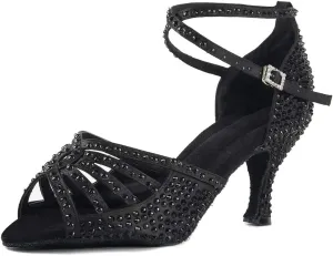 SWDZM Women's Latin Dance Shoes Satin Rhinestone Professional Ballroom Salsa Practice Performance Dance Shoes,Model-YCL430,