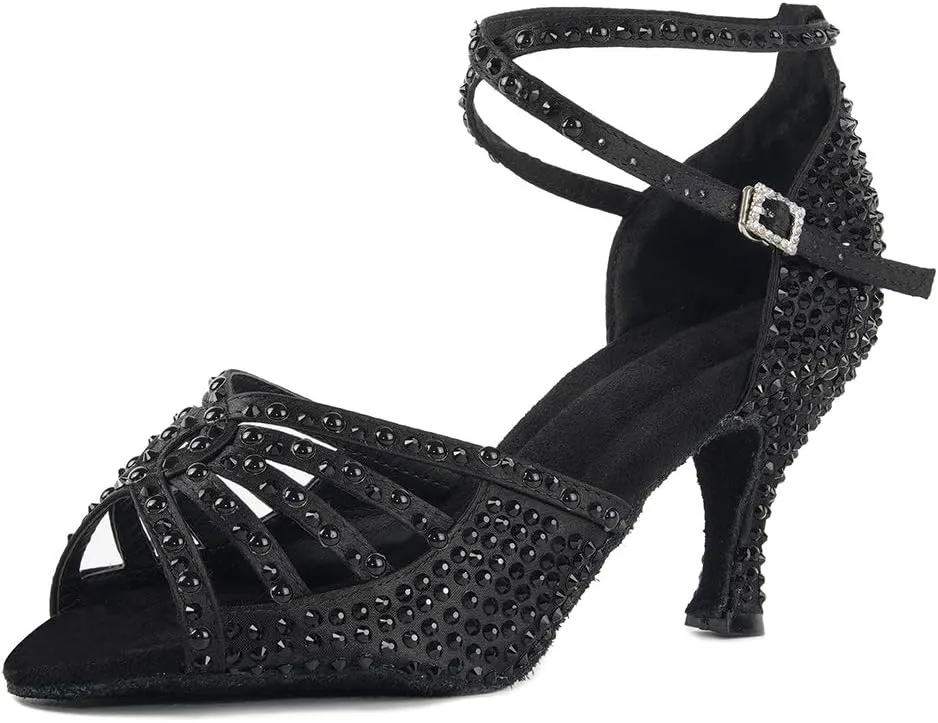 SWDZM Women's Latin Dance Shoes Satin Rhinestone Professional Ballroom Salsa Practice Performance Dance Shoes,Model-YCL430,