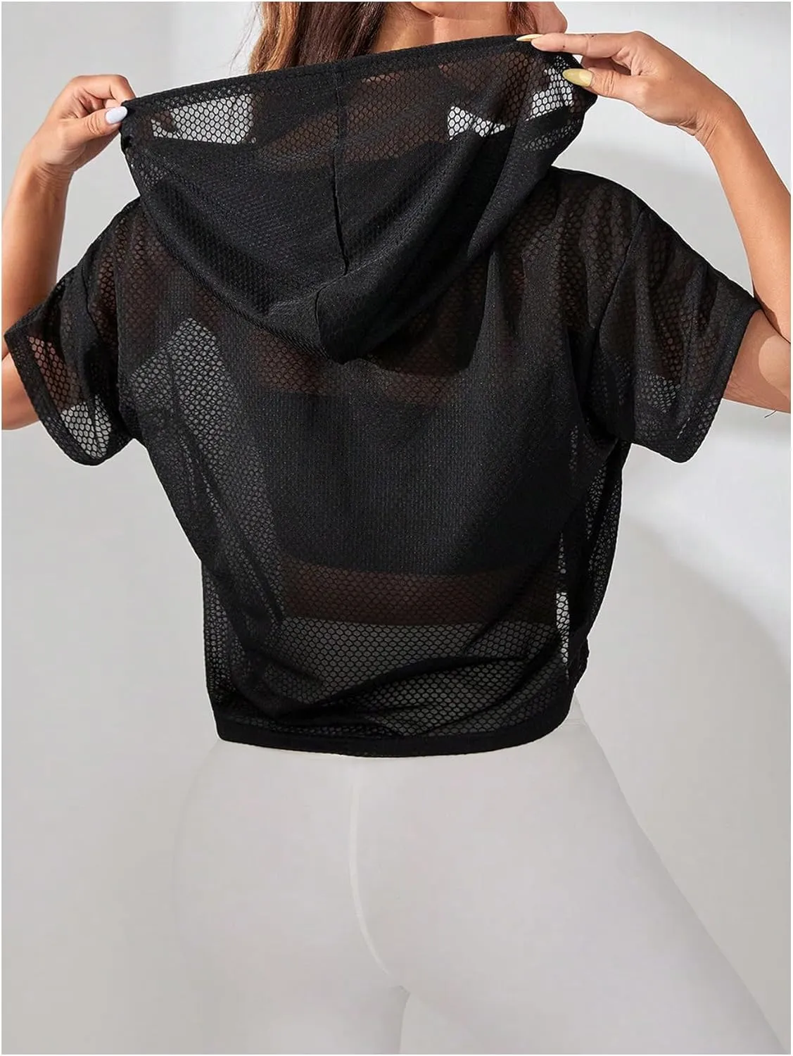 SweatyRocks Women's Short Sleeve Fishnet Hoodies Hollow Out Sports Workout Tops