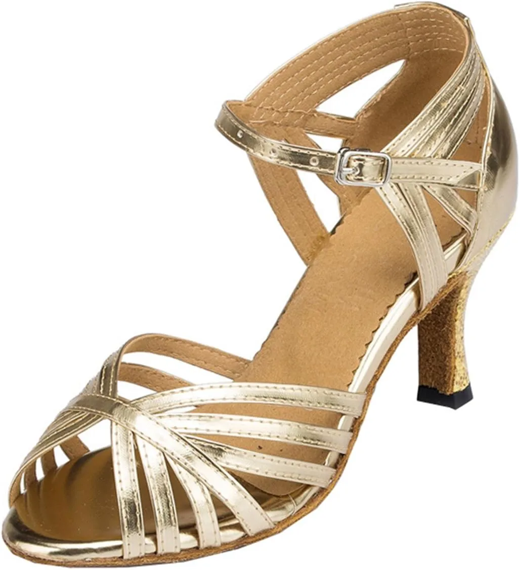 TDA Women's Fashion Single Strap High Heel Gold Latin Salsa Ballroom Dance Shoes 8.5 M US