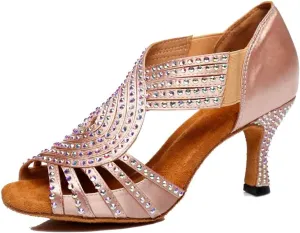 TDA Womens Slip-on Flaced Heel Beige Satin Crystals Latin Modern Salsa Tango Ballroom Wedding Dance Shoes 9.5 M US