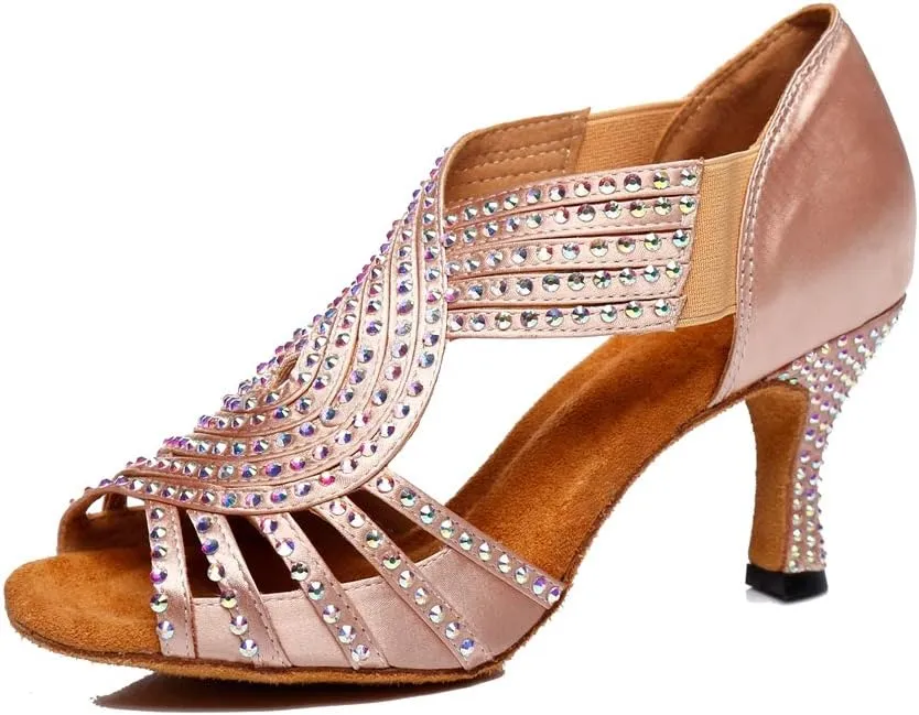 TDA Womens Slip-on Flaced Heel Beige Satin Crystals Latin Modern Salsa Tango Ballroom Wedding Dance Shoes 9.5 M US