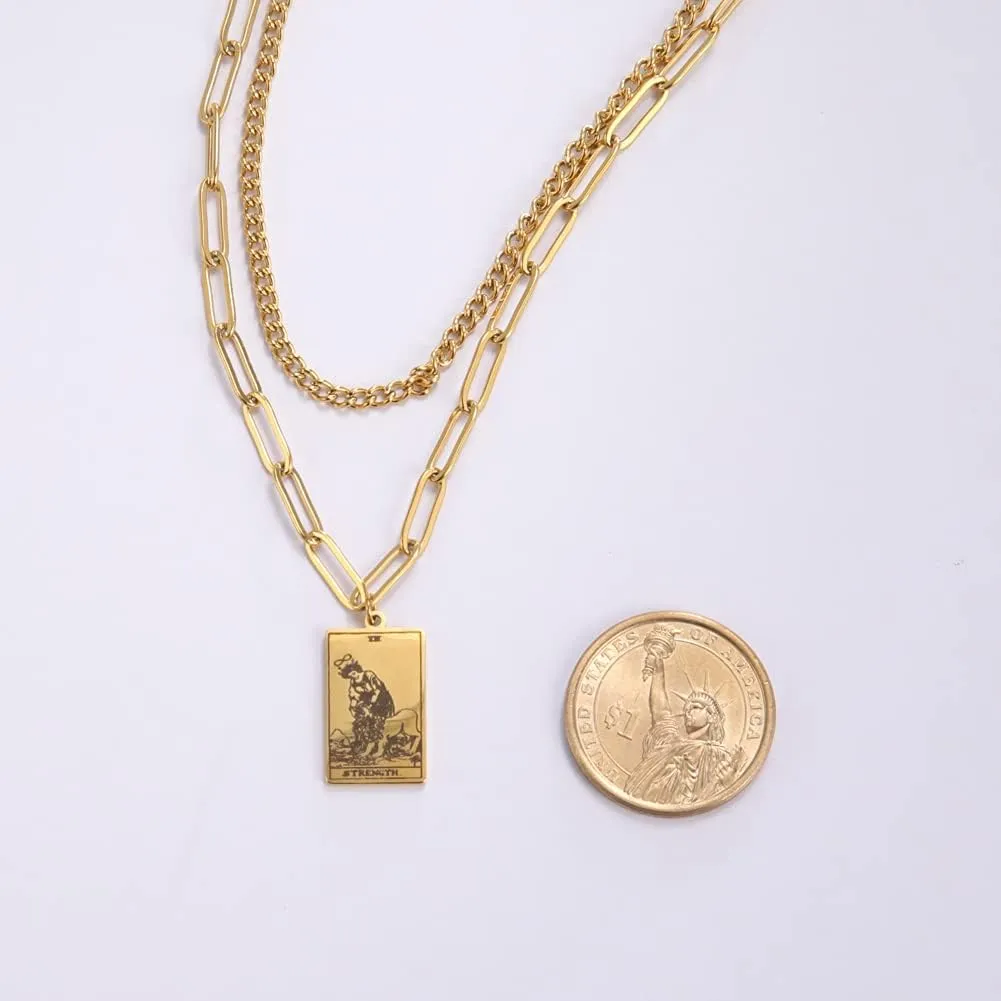 TEAMER Double Layer Necklace Vintage Tarot Jewelry Good Luck Amulet Pendants Stainless Steel Necklace
