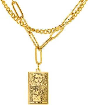TEAMER Double Layer Necklace Vintage Tarot Jewelry Good Luck Amulet Pendants Stainless Steel Necklace