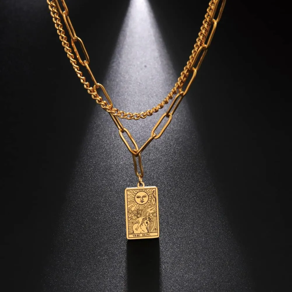 TEAMER Double Layer Necklace Vintage Tarot Jewelry Good Luck Amulet Pendants Stainless Steel Necklace