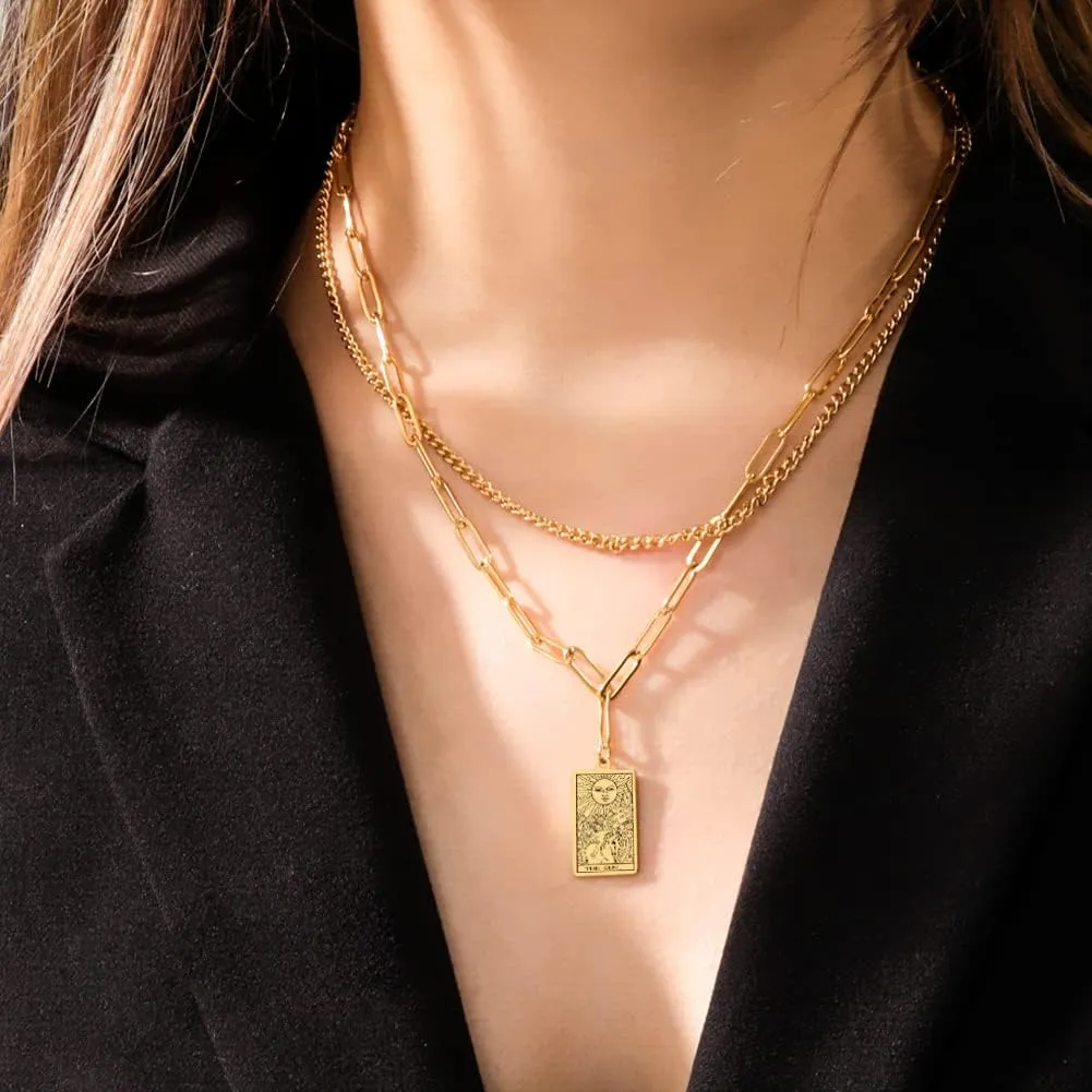 TEAMER Double Layer Necklace Vintage Tarot Jewelry Good Luck Amulet Pendants Stainless Steel Necklace